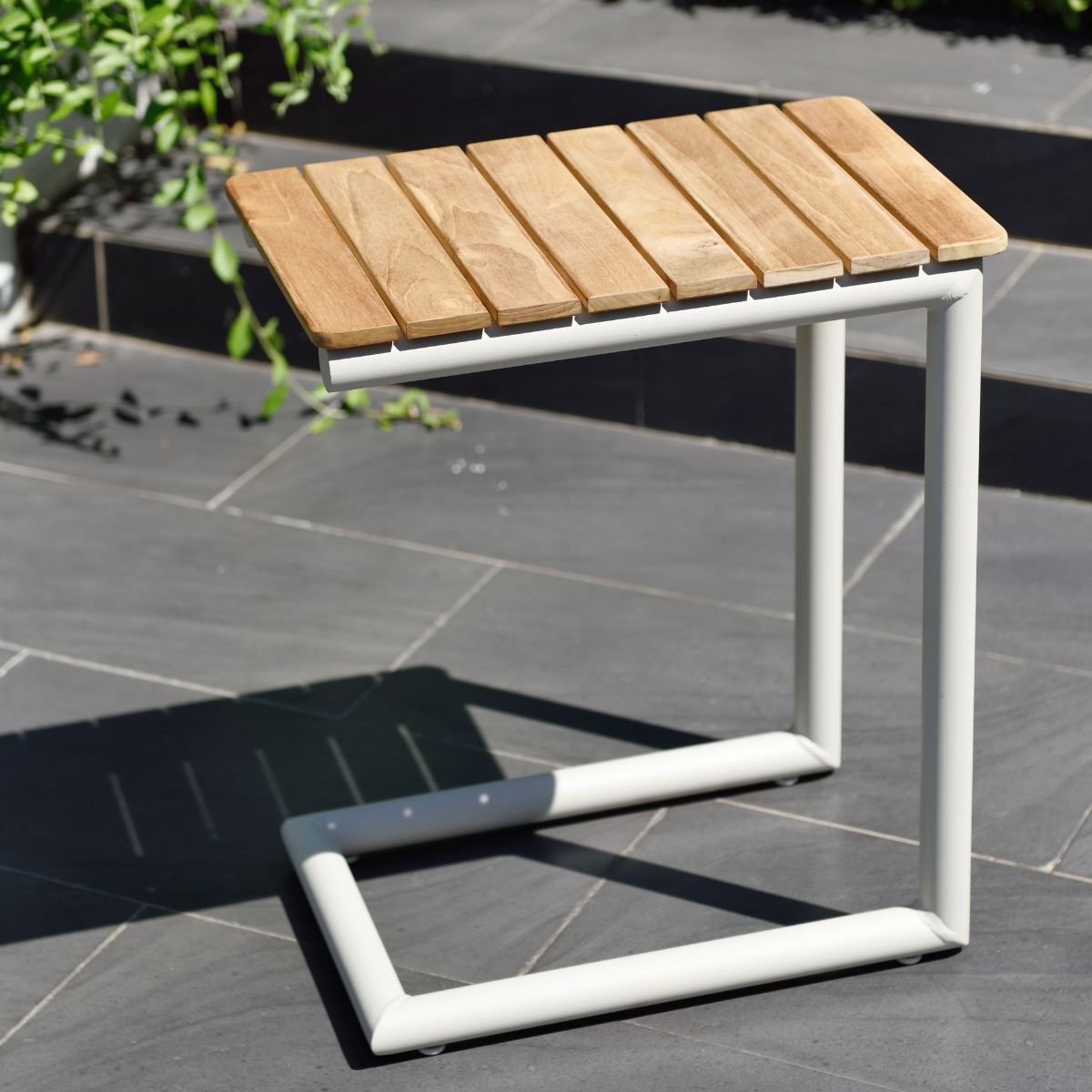 Portals Light C-Shape Set outdoor side table with white frame and natural wood slat top on Tampa Home & Garden Store