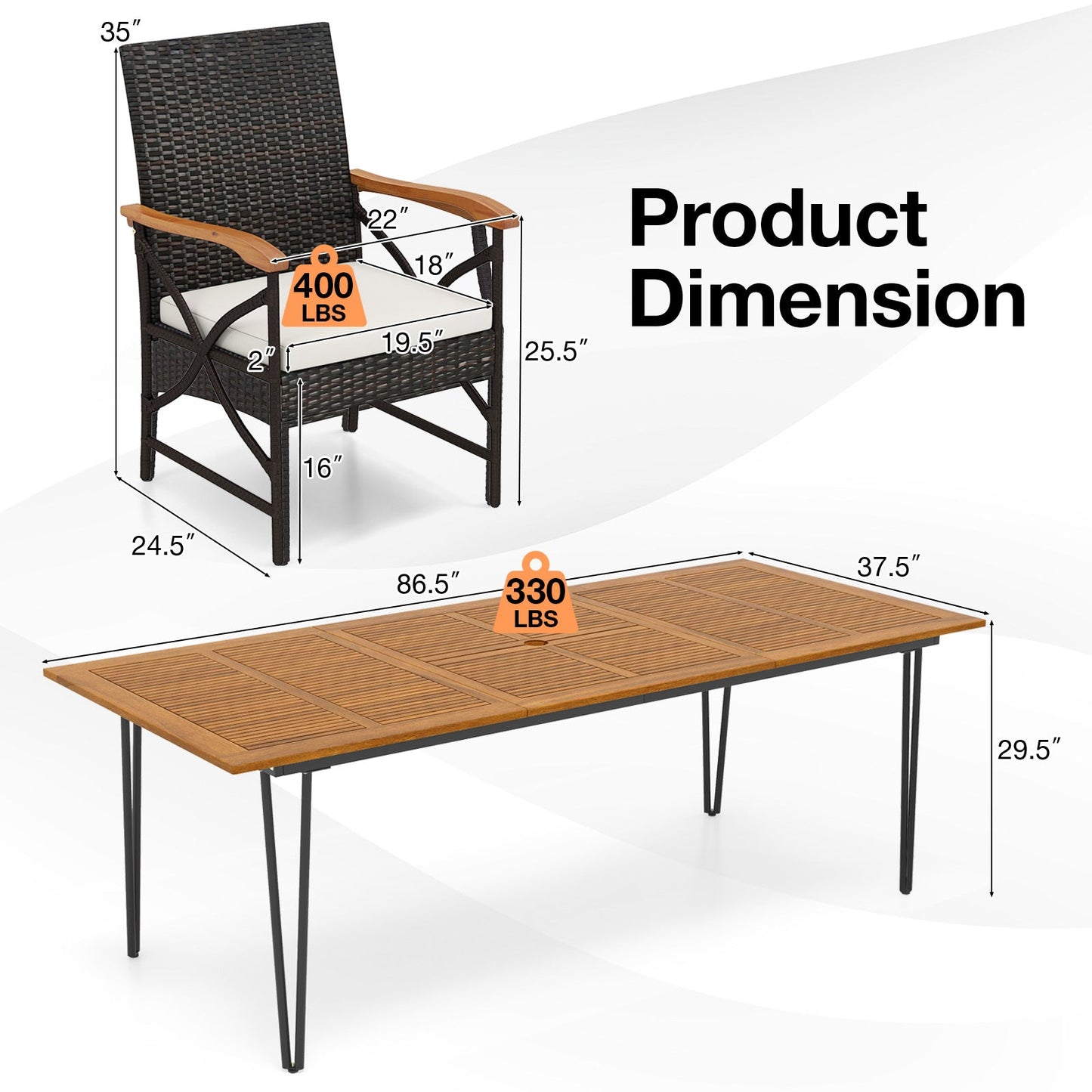 Juego de muebles de patio de mimbre de 8 sillones con cojines suaves y mesa cuadrada de madera de acacia
