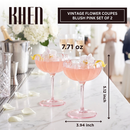 Blush Pink Floral Coupe and Cocktail Glasses