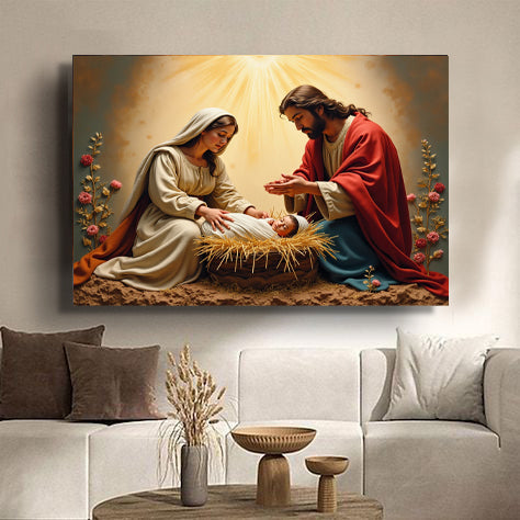 3D Faith Wall Art IV canvas Nativity scene with Mary, Joseph and baby Jesus in a manger, warm tones on Tampa Home & Garden Store