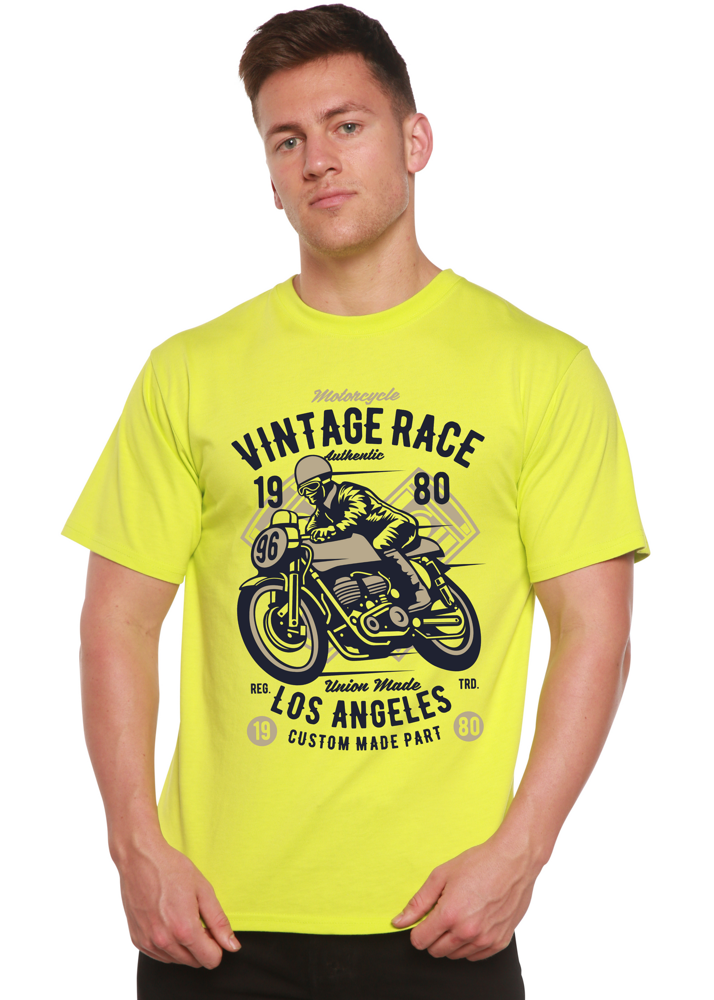 Vintage Race Spun Bamboo men's neon yellow graphic T-shirt with motorcycle print on Tampa Home & Garden Store