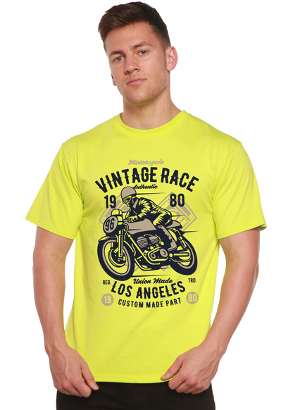 Vintage Race Spun Bamboo men's neon yellow graphic T-shirt with motorcycle print on Tampa Home & Garden Store