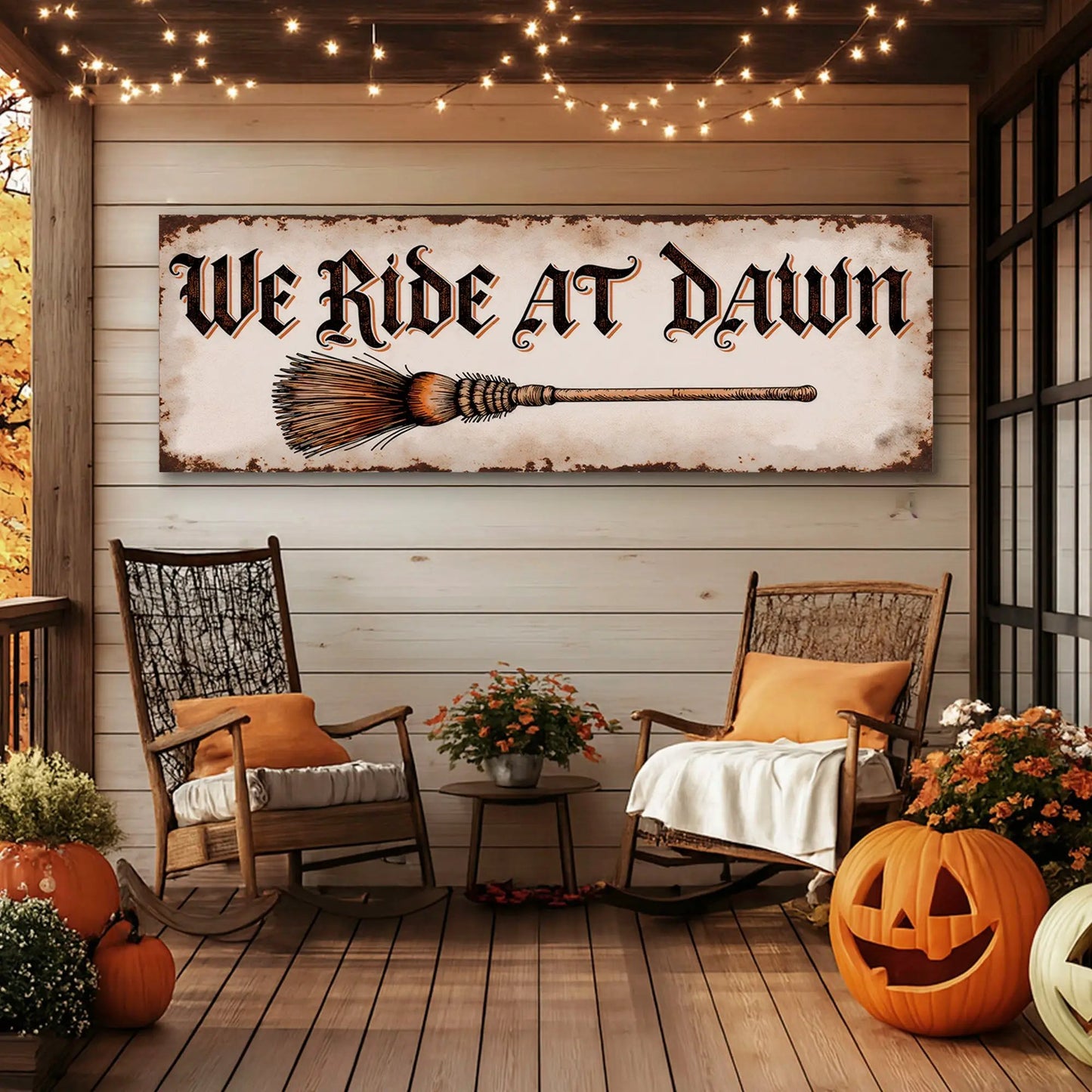We Ride At Dawn Halloween Wall Sign canvas with broom illustration for crafting decor Tailored Canvases on Tampa Home & Garden Store