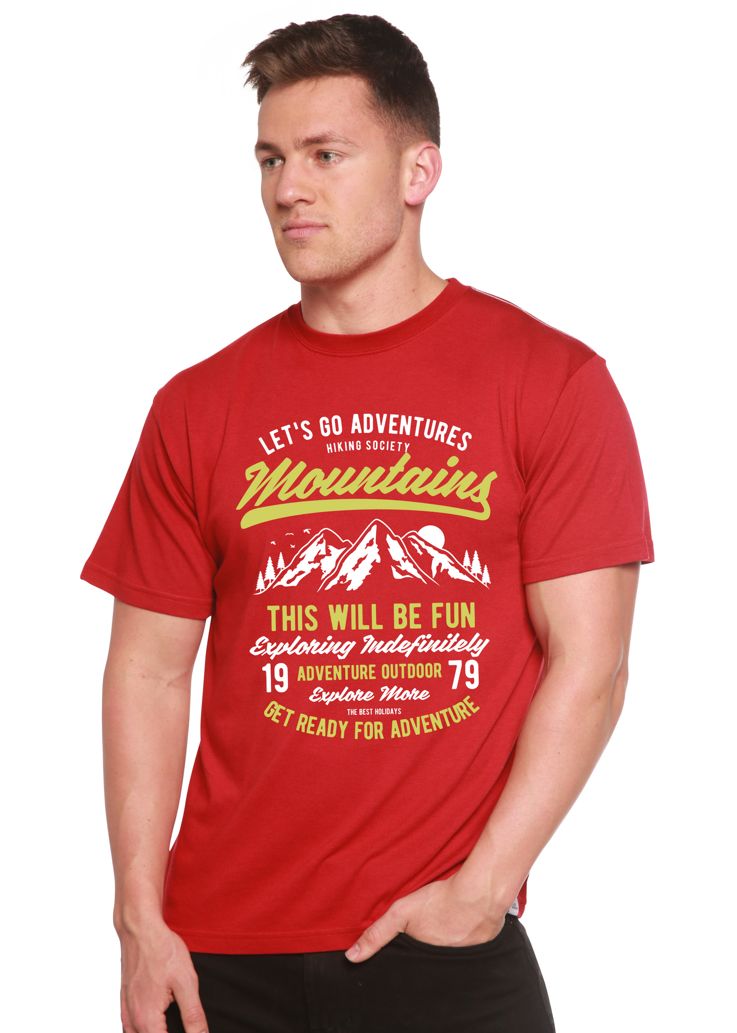 Let's Go Adventure bamboo viscose/organic cotton red tee with mountain print Spun Bamboo on Tampa Home & Garden Store