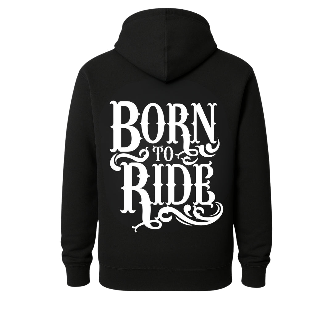 Motorcycle Rider Hoodie by BikerZoneZ, black hoodie with large white Born to Ride back print on Tampa Home & Garden Store