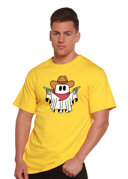 Spun Bamboo Cowboy Ghost unisex short sleeve graphic tee in yellow with cowboy ghost design on Tampa Home & Garden Store