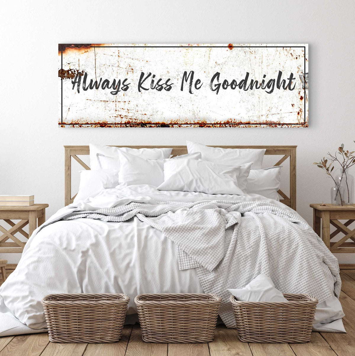 Always Kiss Me Goodnight canvas sign by Tailored Canvases, distressed white with rust accents on Tampa Home & Garden Store
