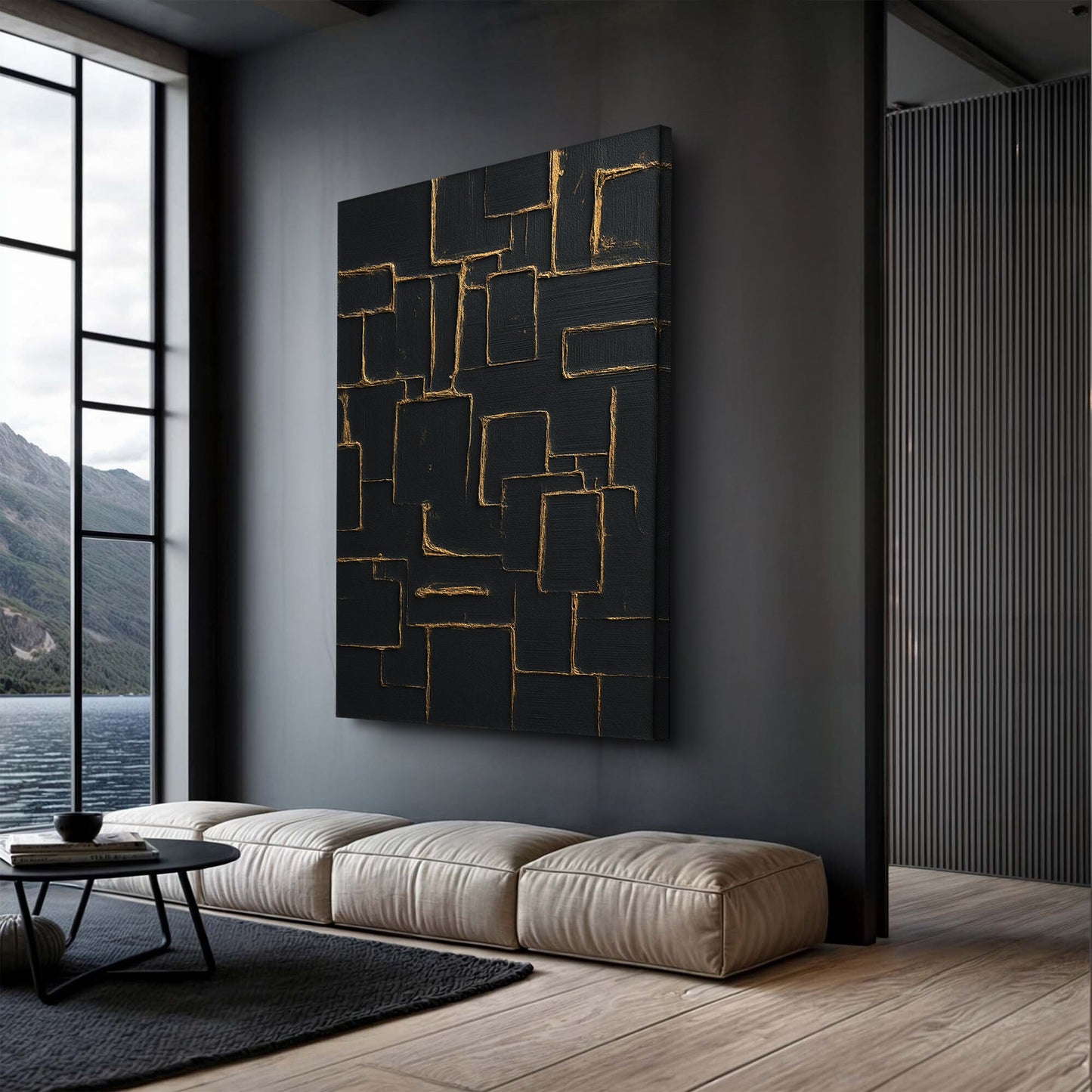 Contemporary black and gold canvas wall art with gold-edged rectangle panels for a modern room on Tampa Home & Garden Store
