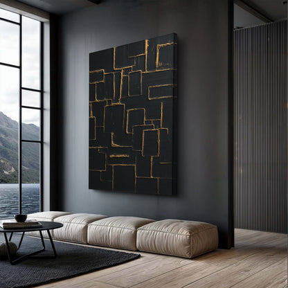 Contemporary black and gold canvas wall art with gold-edged rectangle panels for a modern room on Tampa Home & Garden Store