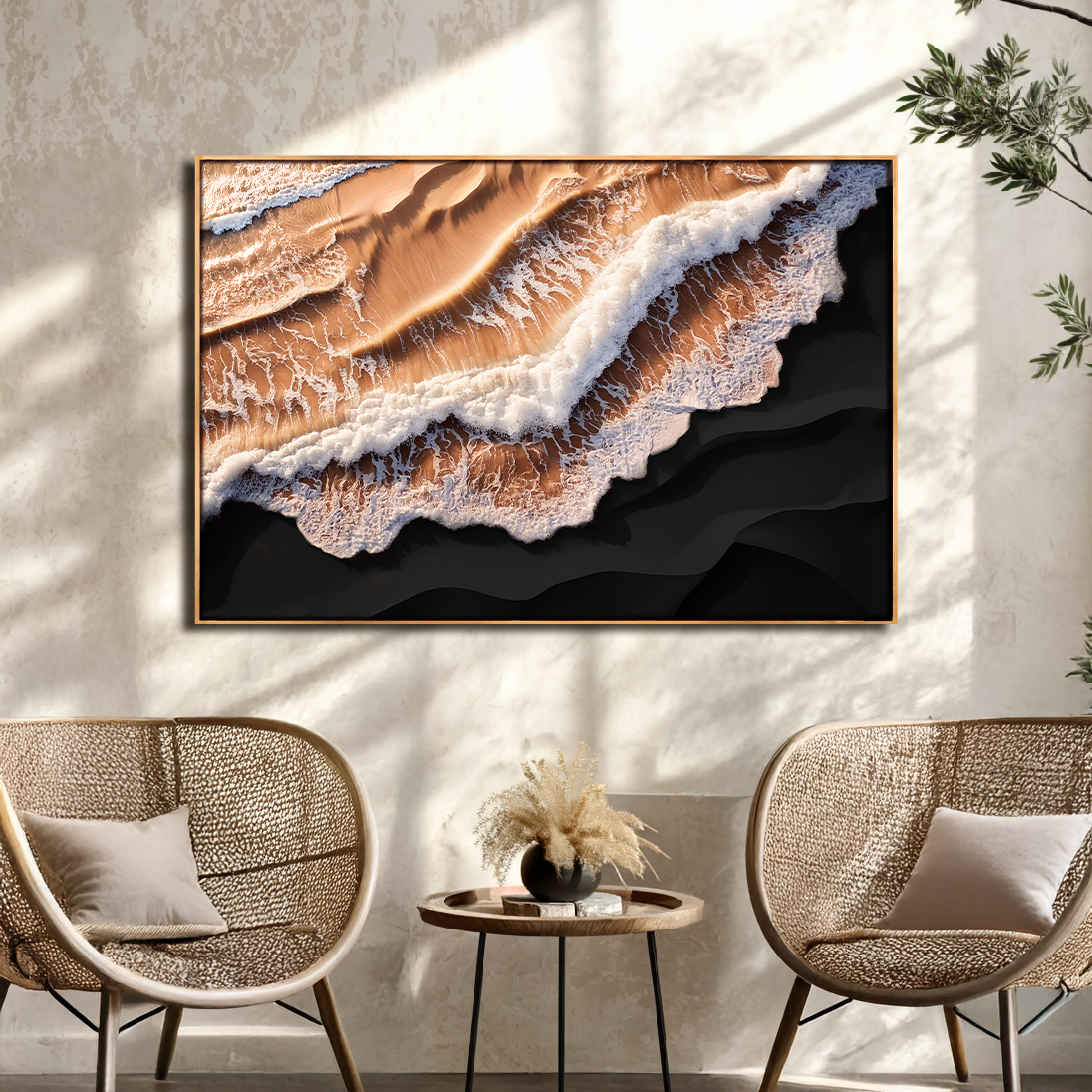 Amber Ocean Waves Canvas wall art by Tailored Canvases; framed with amber sand and white foam on Tampa Home & Garden Store
