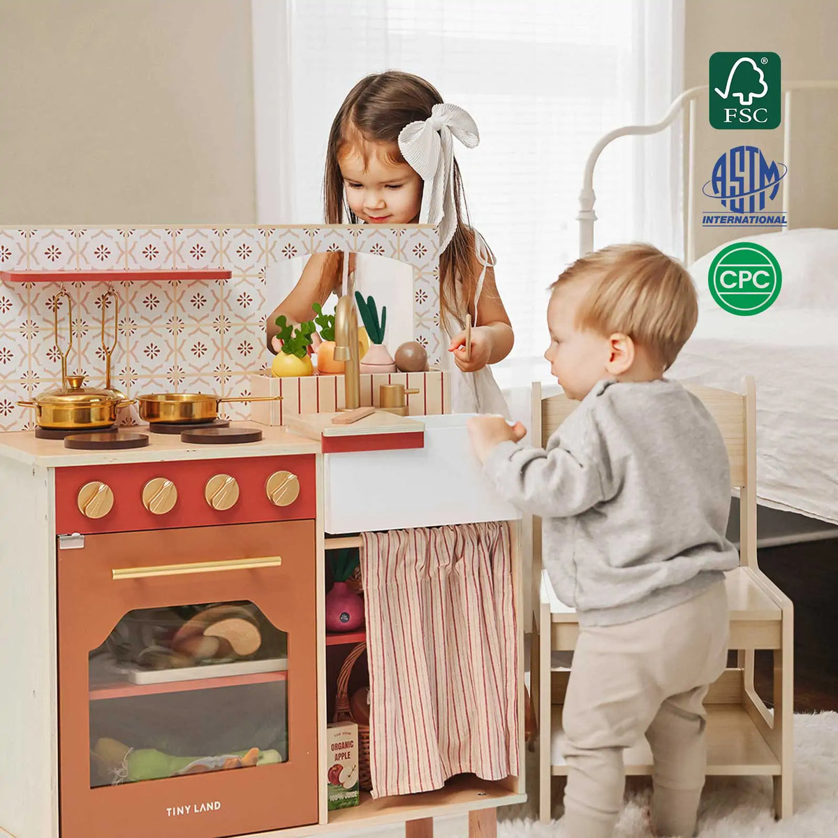 Tiny Land wooden play kitchen Honey Kitchenette for toddlers with copper-tone knobs on Tampa Home & Garden Store