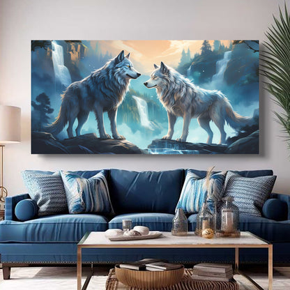 3D Wolves Wall Art IV canvas by Tailored Canvases, two blue wolves in a waterfall canyon on Tampa Home & Garden Store