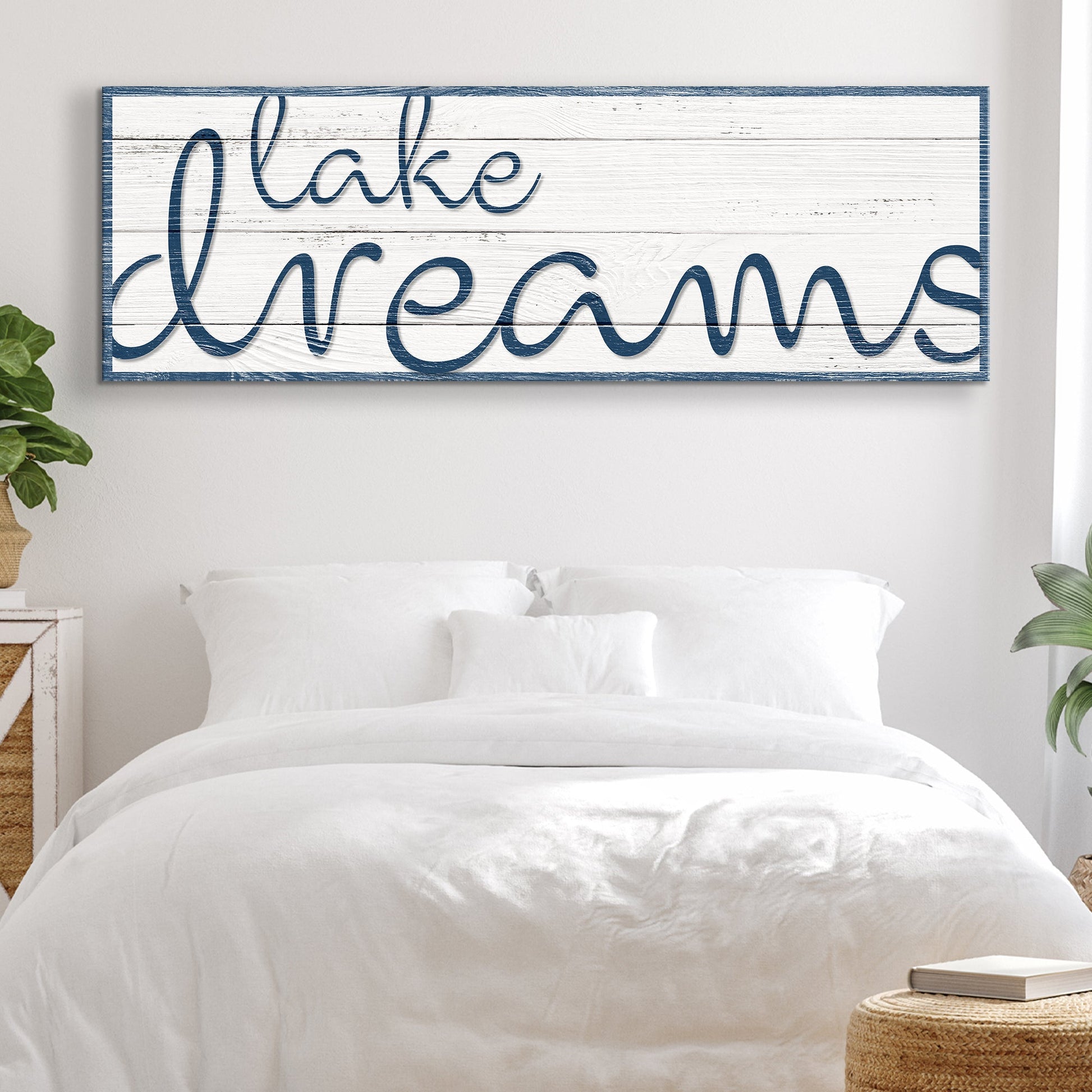 Lake Dreams Sign II canvas with whitewashed wood and blue script lettering Tailored Canvases on Tampa Home & Garden Store