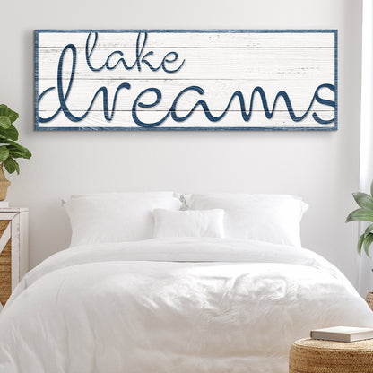 Lake Dreams Sign II canvas with whitewashed wood and blue script lettering Tailored Canvases on Tampa Home & Garden Store