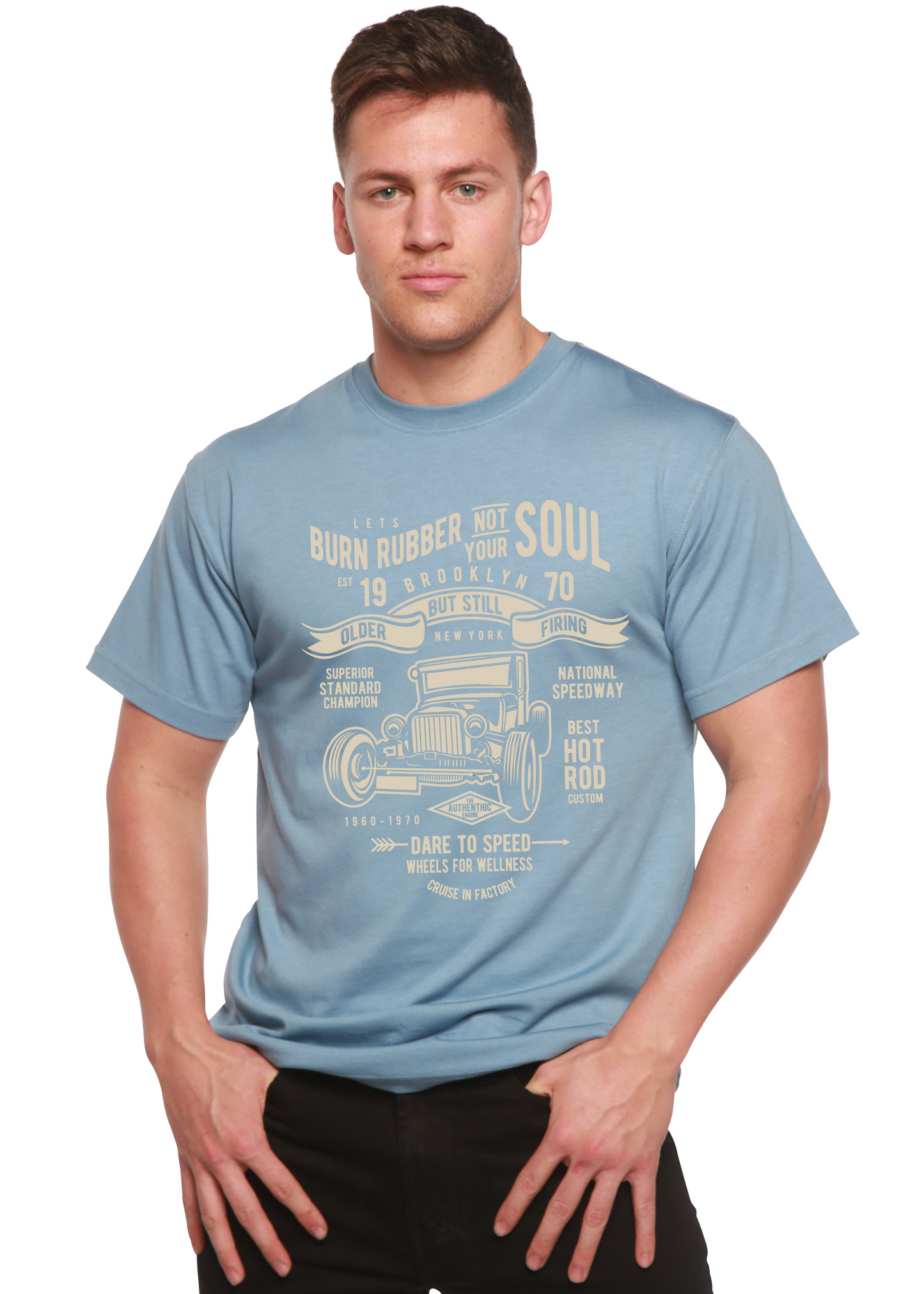 Burn Rubber men's bamboo tee in light blue with car graphic by Spun Bamboo on Tampa Home & Garden Store