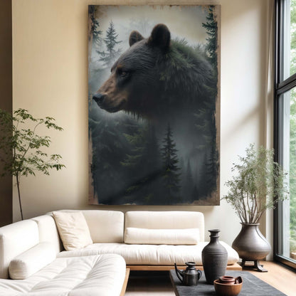 Black Bear Exposure Wall Art canvas featuring a bear profile with forest scene and rustic border on Tampa Home & Garden Store