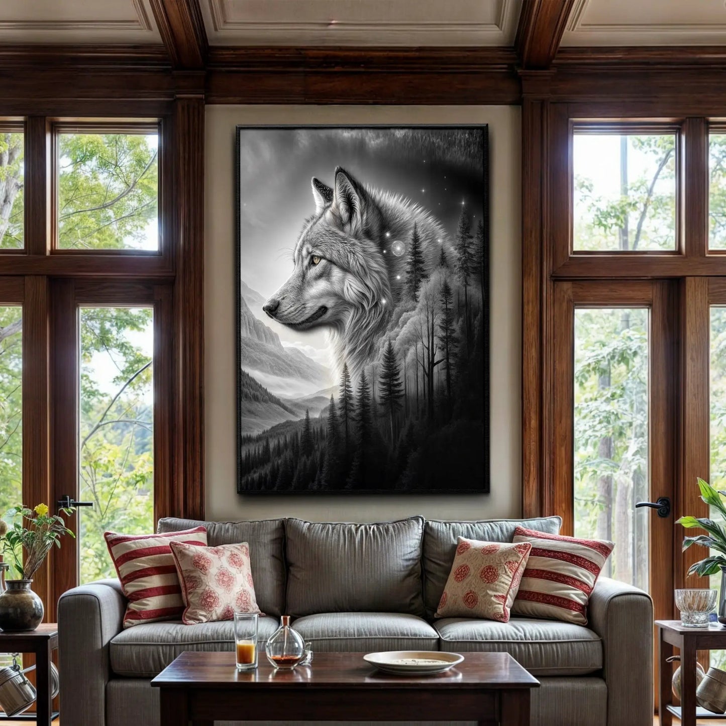 Wolf Double Exposure Wall Art II canvas, grayscale wolf portrait with forest scene, black frame on Tampa Home & Garden Store