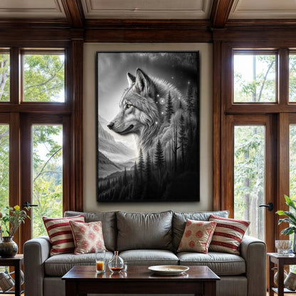 Wolf Double Exposure Wall Art II canvas, grayscale wolf portrait with forest scene, black frame on Tampa Home & Garden Store