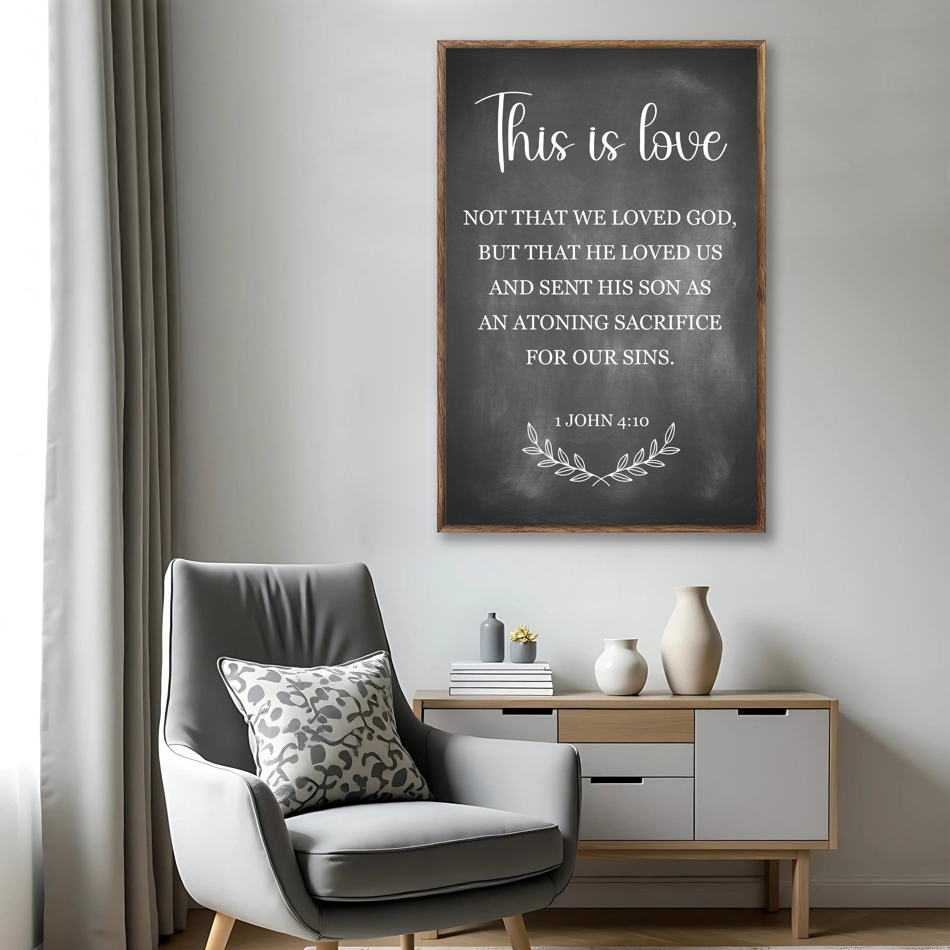 This Is Love - 1 John 4:10 Faith Sign canvas by Tailored Canvases, chalkboard text wood frame on Tampa Home & Garden Store