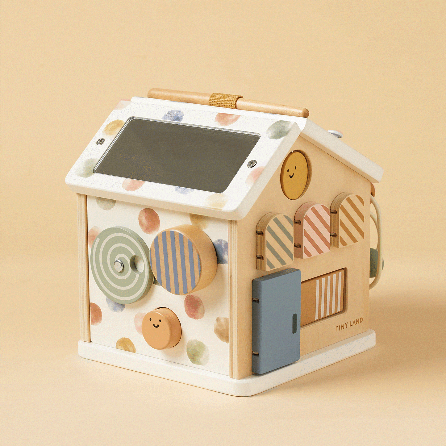 Tiny Land Cottage Activity Cube Morandi, wooden baby toy with pastel shapes and chalkboard on Tampa Home & Garden Store