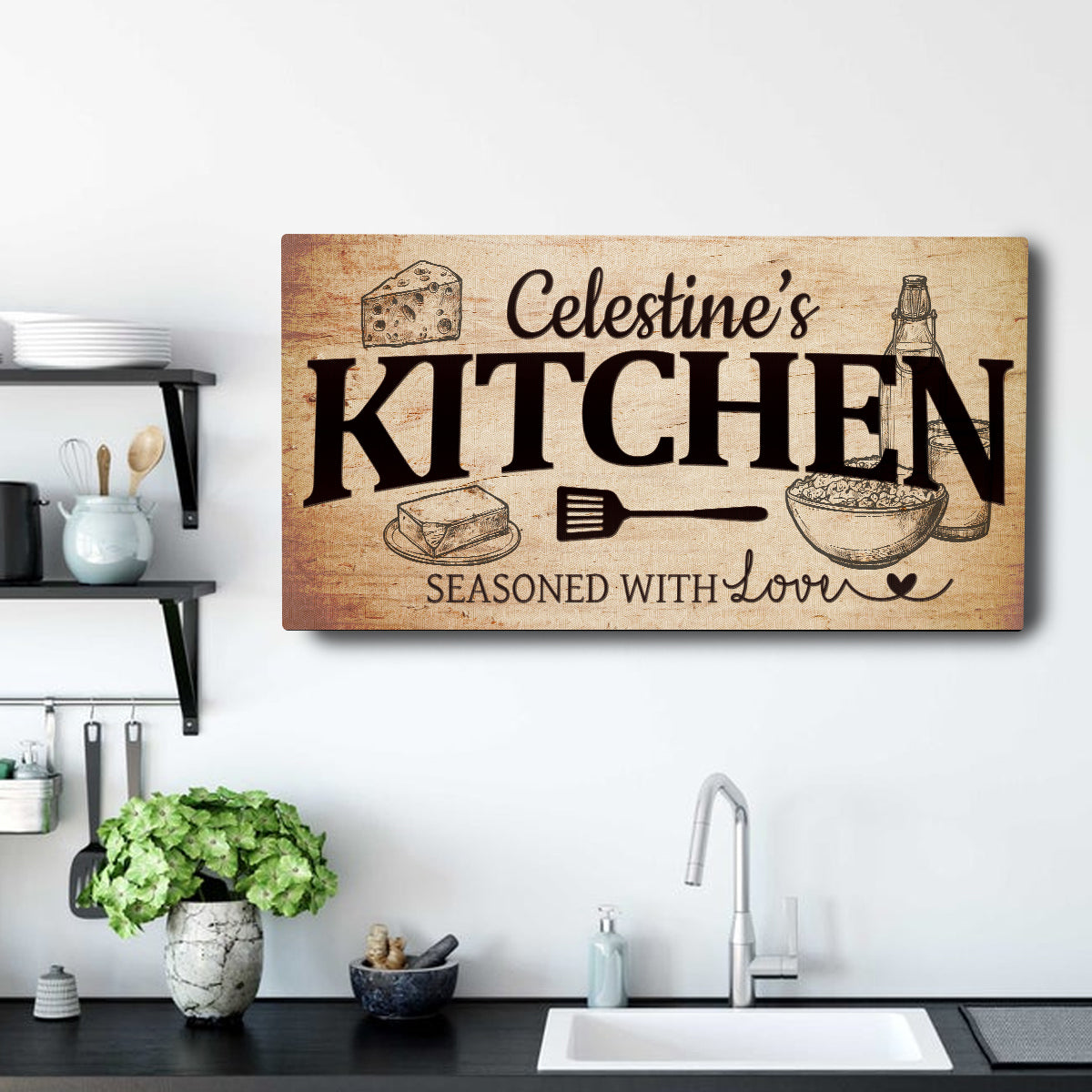 Your Kitchen Sign canvas wall art with large KITCHEN text, vintage utensils on parchment on Tampa Home & Garden Store