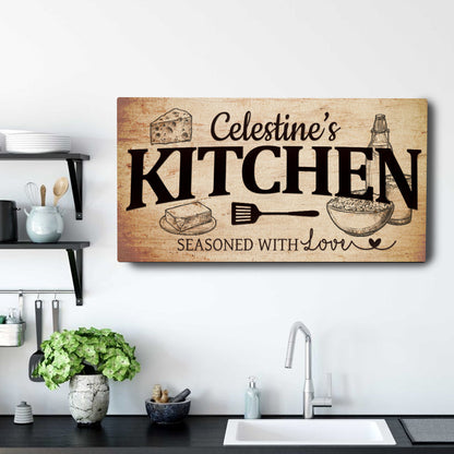 Your Kitchen Sign canvas wall art with large KITCHEN text, vintage utensils on parchment on Tampa Home & Garden Store