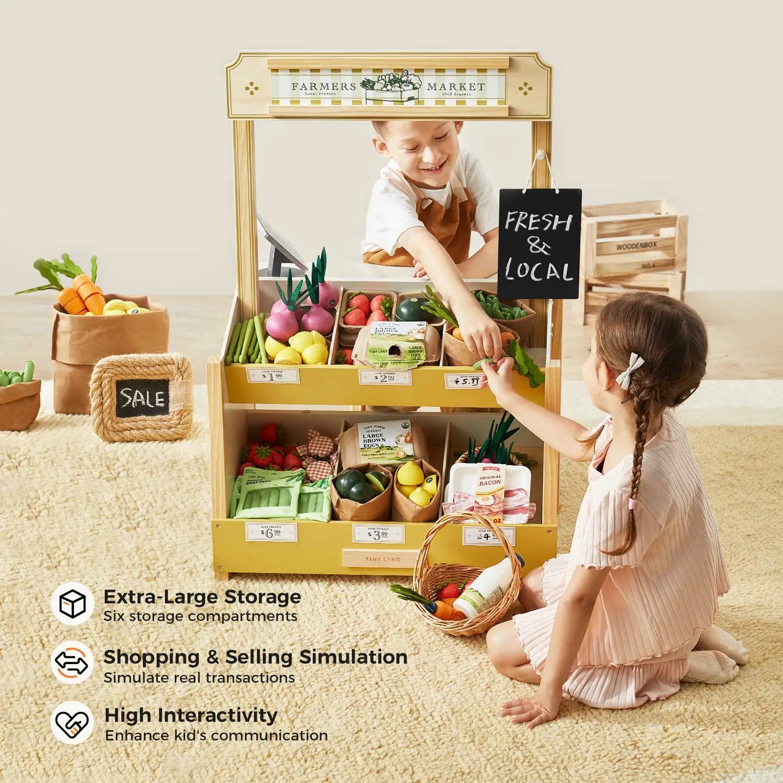 Tiny Land Kid's Grocery Store Playset market stand with fresh vegetables and chalkboard sign on Tampa Home & Garden Store
