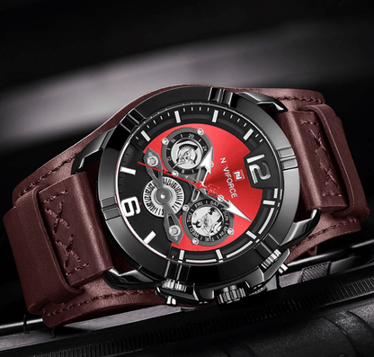 Men's Stevvex leather waterproof watch with red dial and fluorescent hands on Tampa Home & Garden Store