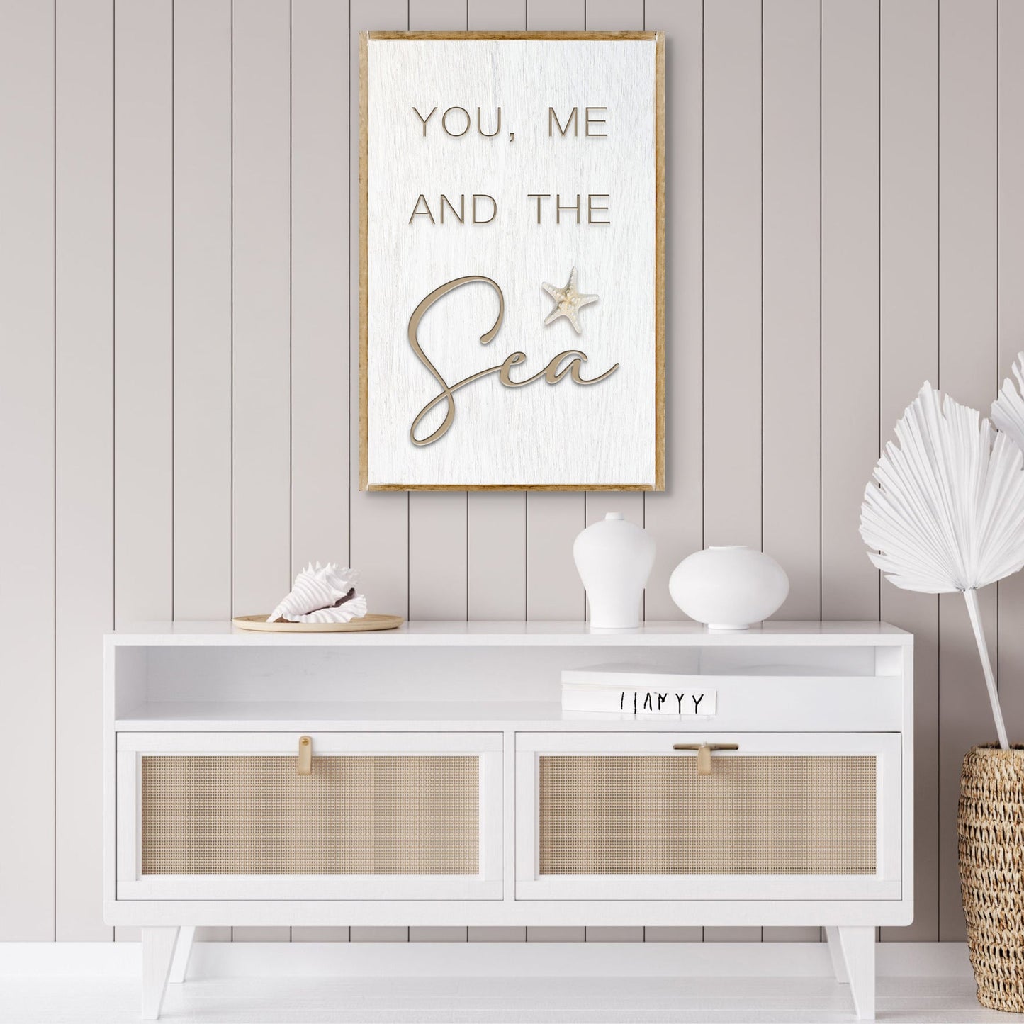 Canvas coastal sign You, Me and the Sea whitewashed panel with frame and starfish on Tampa Home & Garden Store