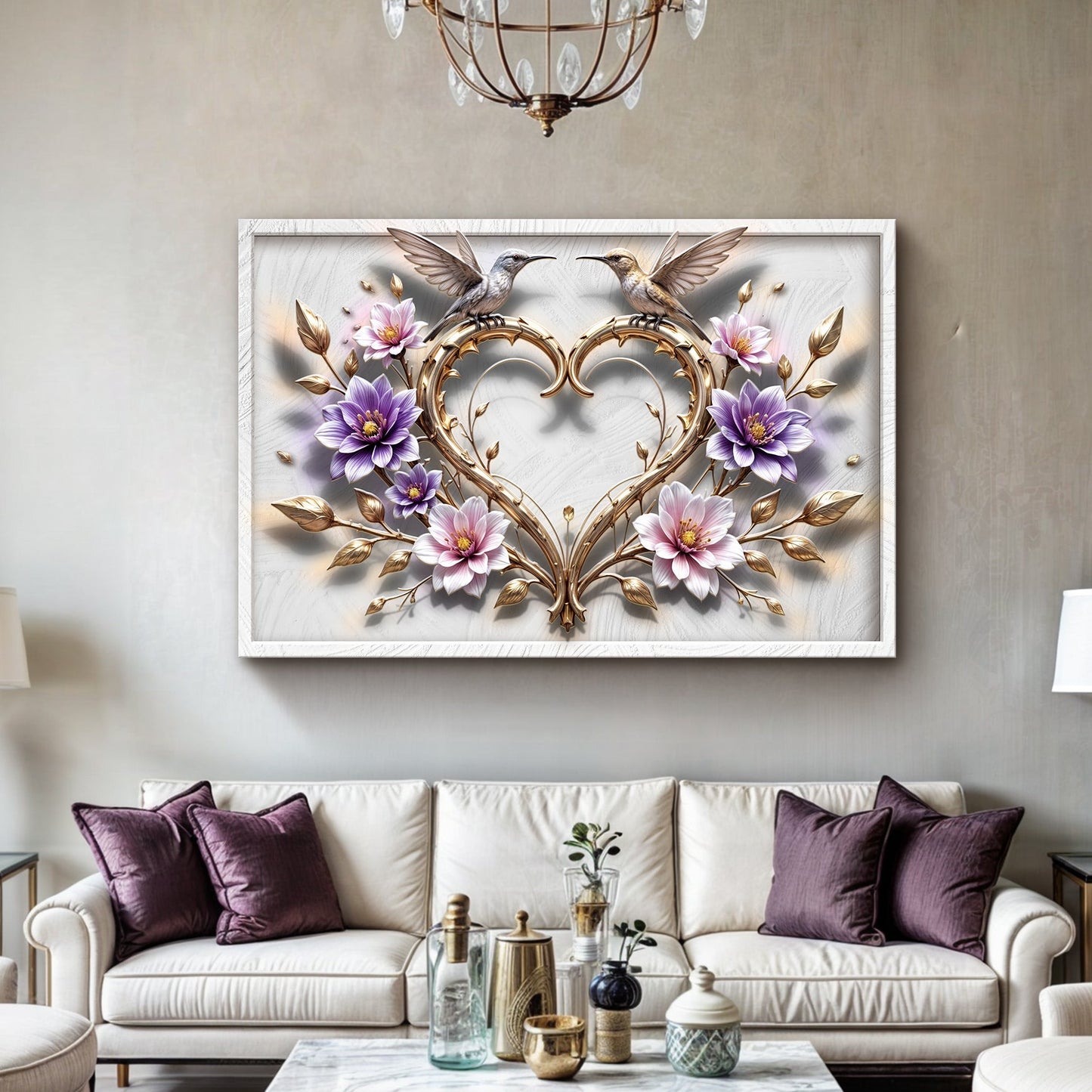 3D Hummingbirds Wall Art V canvas Tailored Canvases, two hummingbirds with gold heart frame on Tampa Home & Garden Store