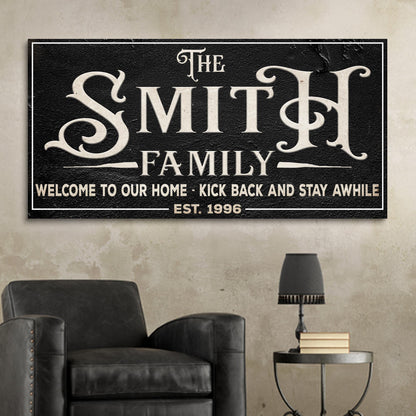 Family Sign XXV canvas by Tailored Canvases with cream lettering on black backdrop on Tampa Home & Garden Store