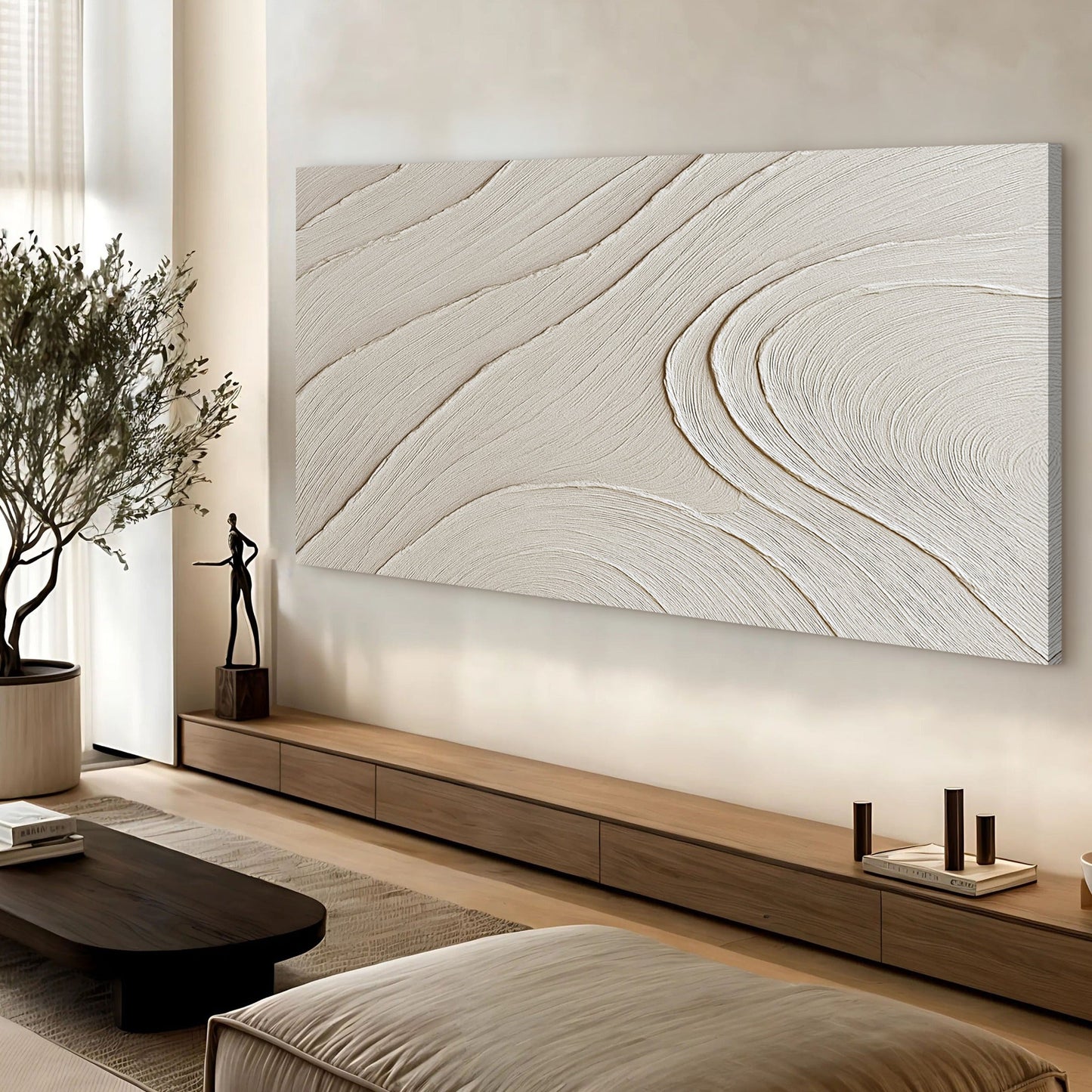 Minimalist wall art canvas with beige textured swirl by Tailored Canvases in a living room on Tampa Home & Garden Store