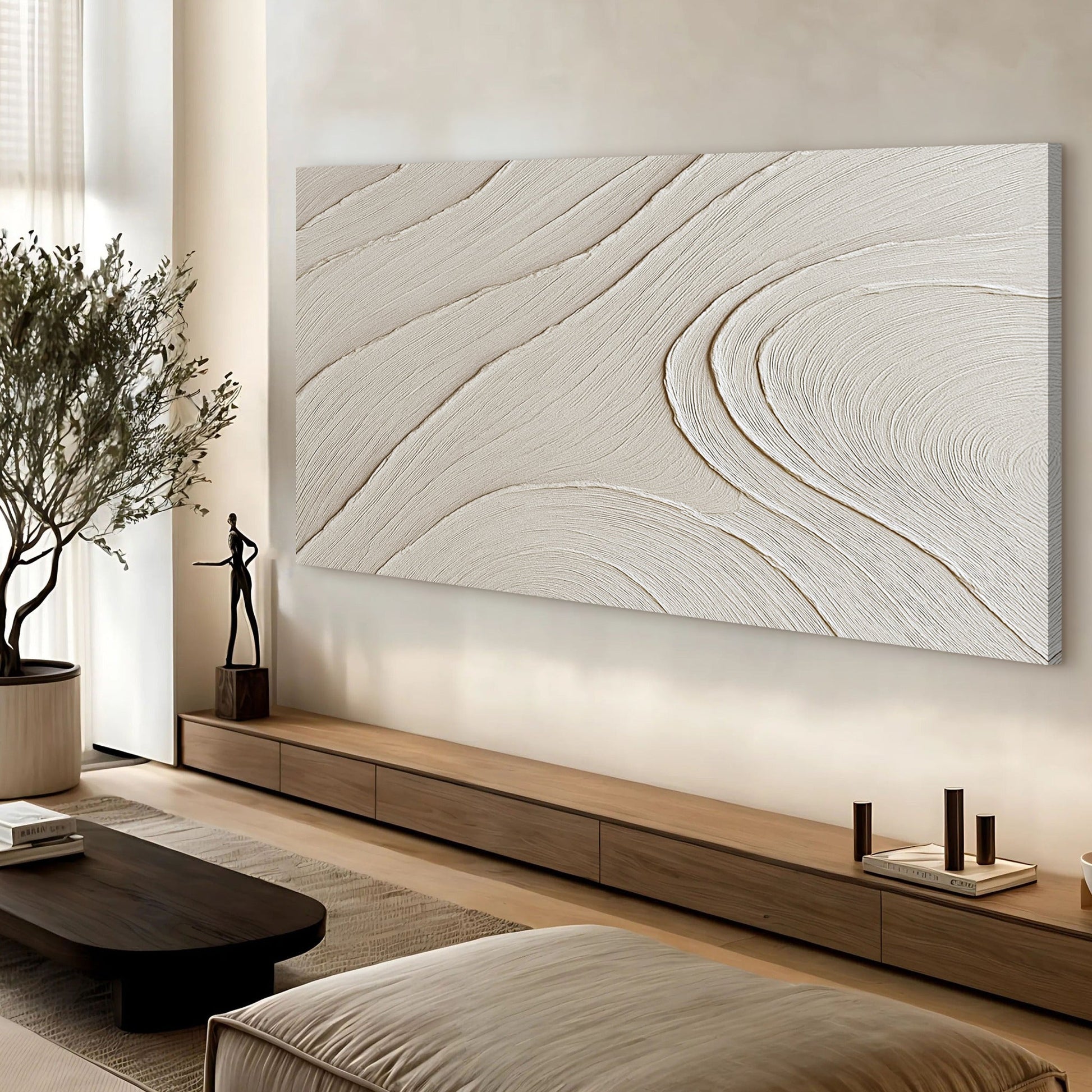 Minimalist wall art canvas with beige textured swirl by Tailored Canvases in a living room on Tampa Home & Garden Store