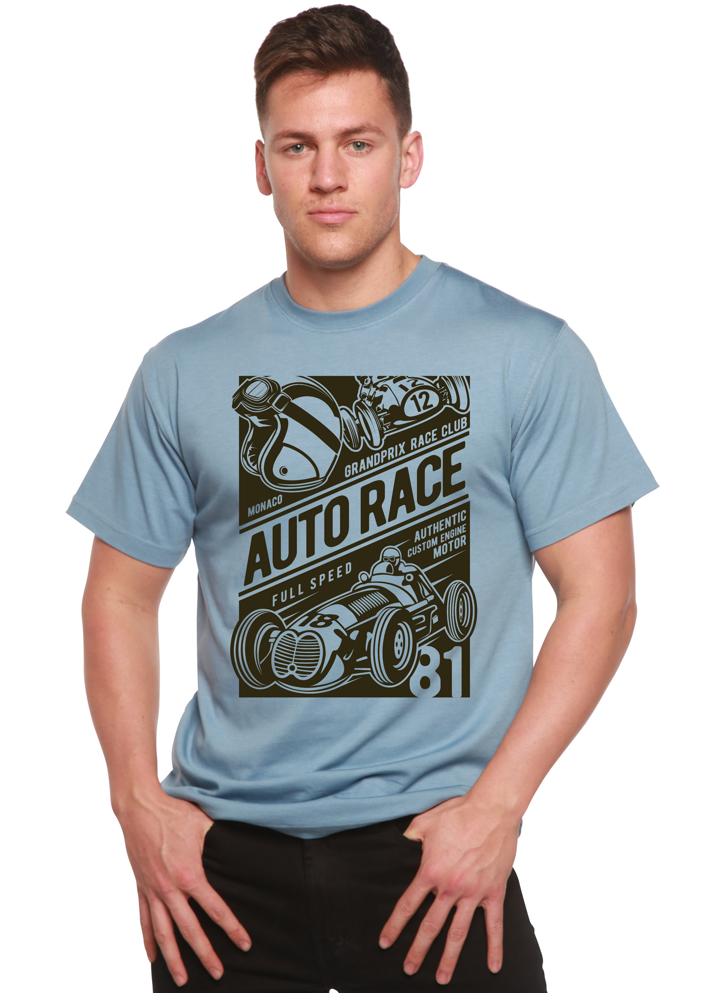 Auto Race men's bamboo viscose/organic cotton graphic tee in blue with car print Spun Bamboo on Tampa Home & Garden Store