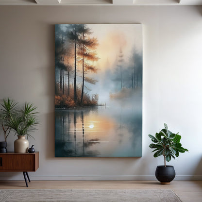 Misty Lake Wall Art canvas by Tailored Canvases, vertical misty lake scene with blue-gray tones on Tampa Home & Garden Store