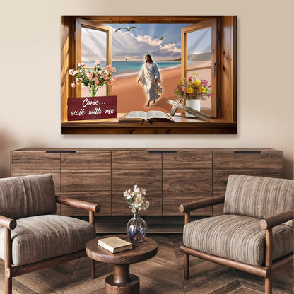 Canvas I Will Walk By Faith Sign by Tailored Canvases; beach scene with Jesus, Bible, cross on Tampa Home & Garden Store
