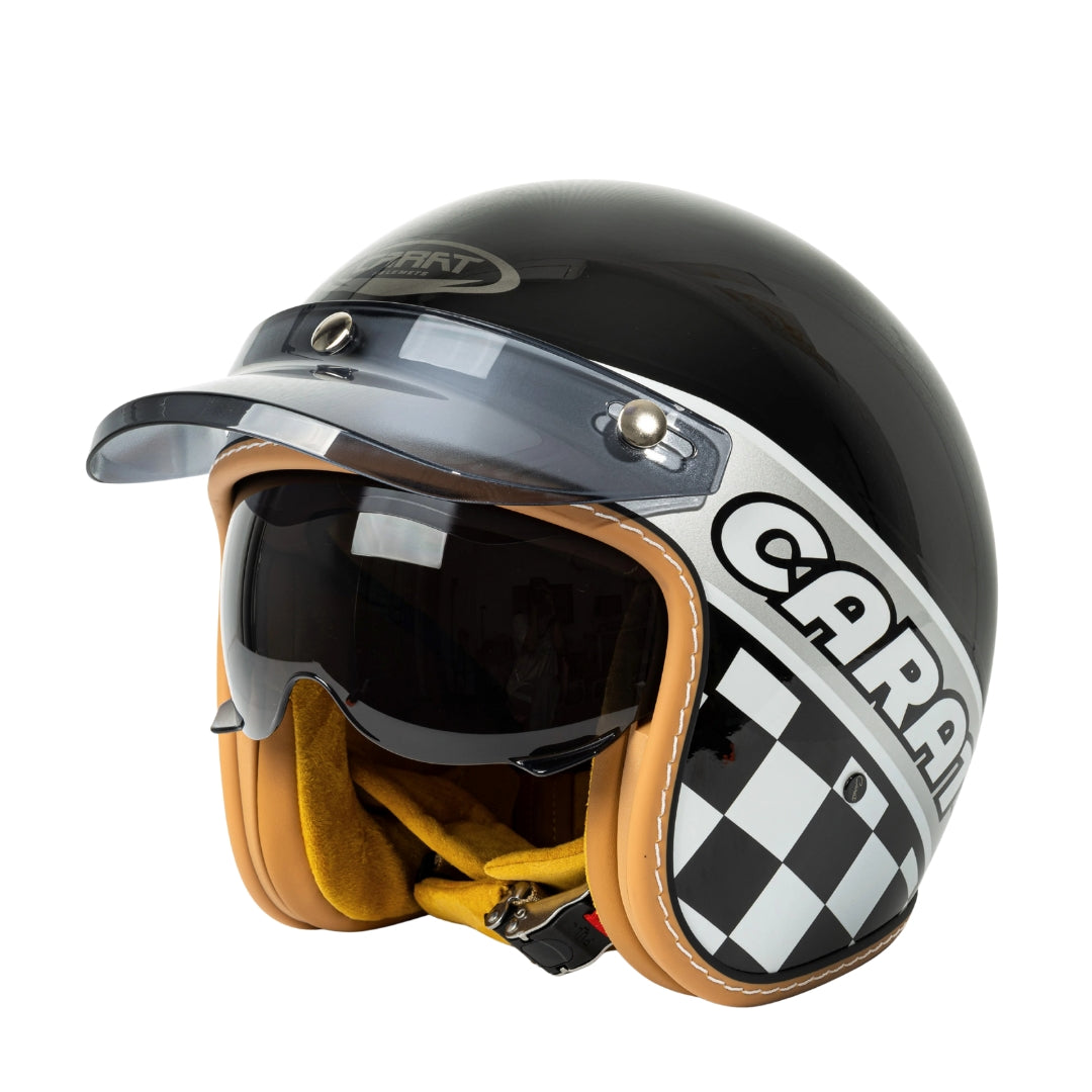 Street King vintage open-face helmet with tan leather trim and checkered panel on Tampa Home & Garden Store