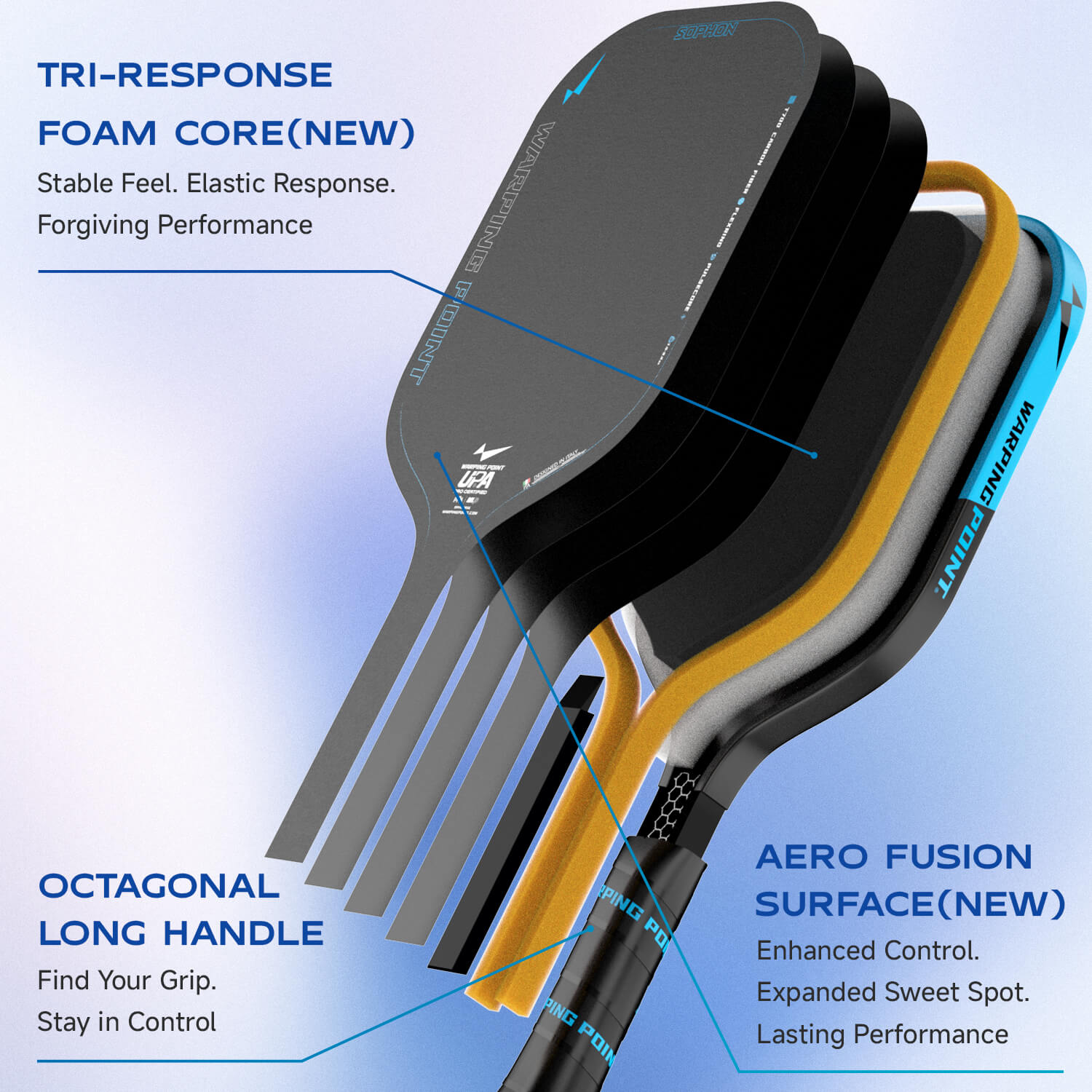 Sophon Pickleball Paddle 16mm by Warping Point with octagonal handle and aero fusion surface on Tampa Home & Garden Store