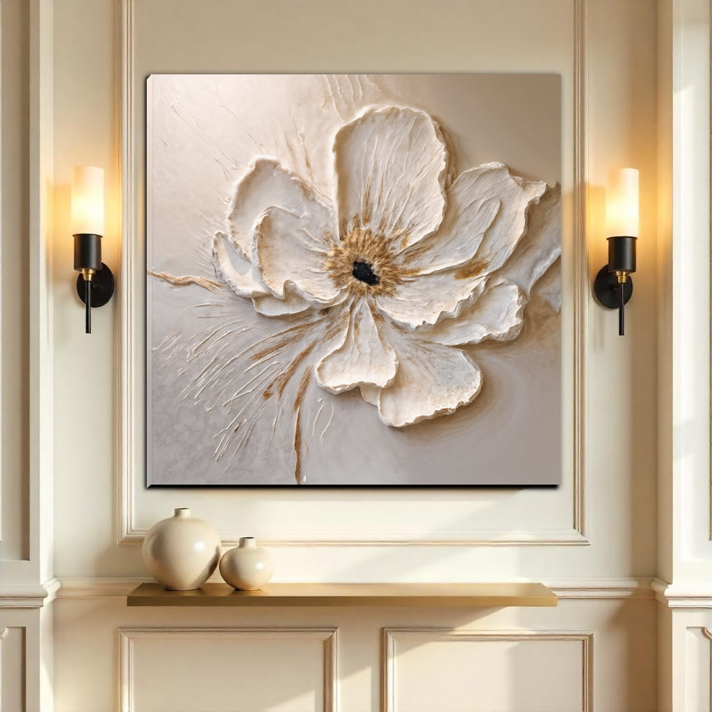 Floral Wall Art III canvas by Tailored Canvases, cream textured flower on gray backdrop on Tampa Home & Garden Store