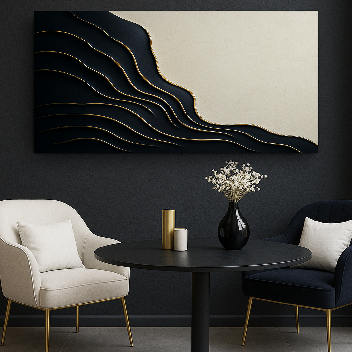 Black and gold minimalist abstract canvas wall art with layered curves by Tailored Canvases on Tampa Home & Garden Store