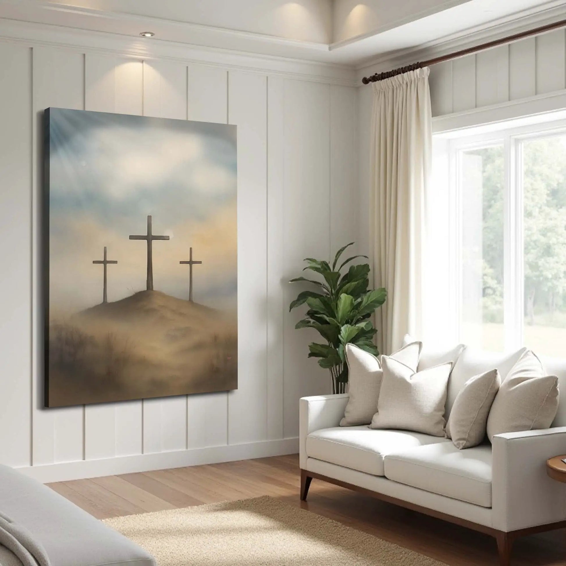 Three Crosses on Calvary Faith Wall Art II canvas by Tailored Canvases with muted sky tones on Tampa Home & Garden Store