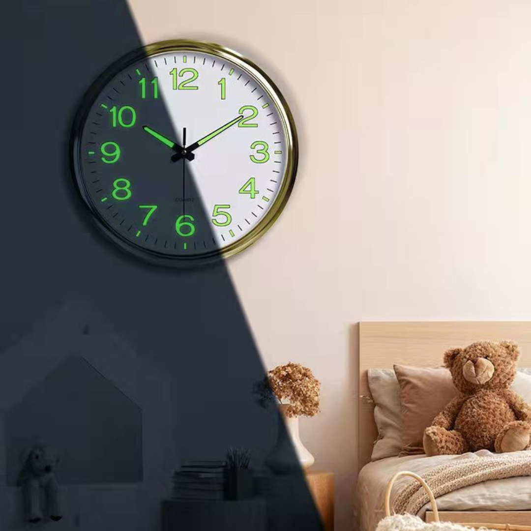 LED Wall Clock 30cm Moktan Sabai with gold frame and green luminous digits in a bedroom on Tampa Home & Garden Store