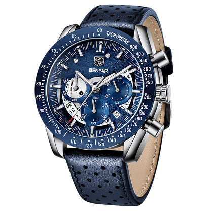 Stevvex ST12LUX35 blue chronograph watch with perforated leather strap and Benyar dial on Tampa Home & Garden Store