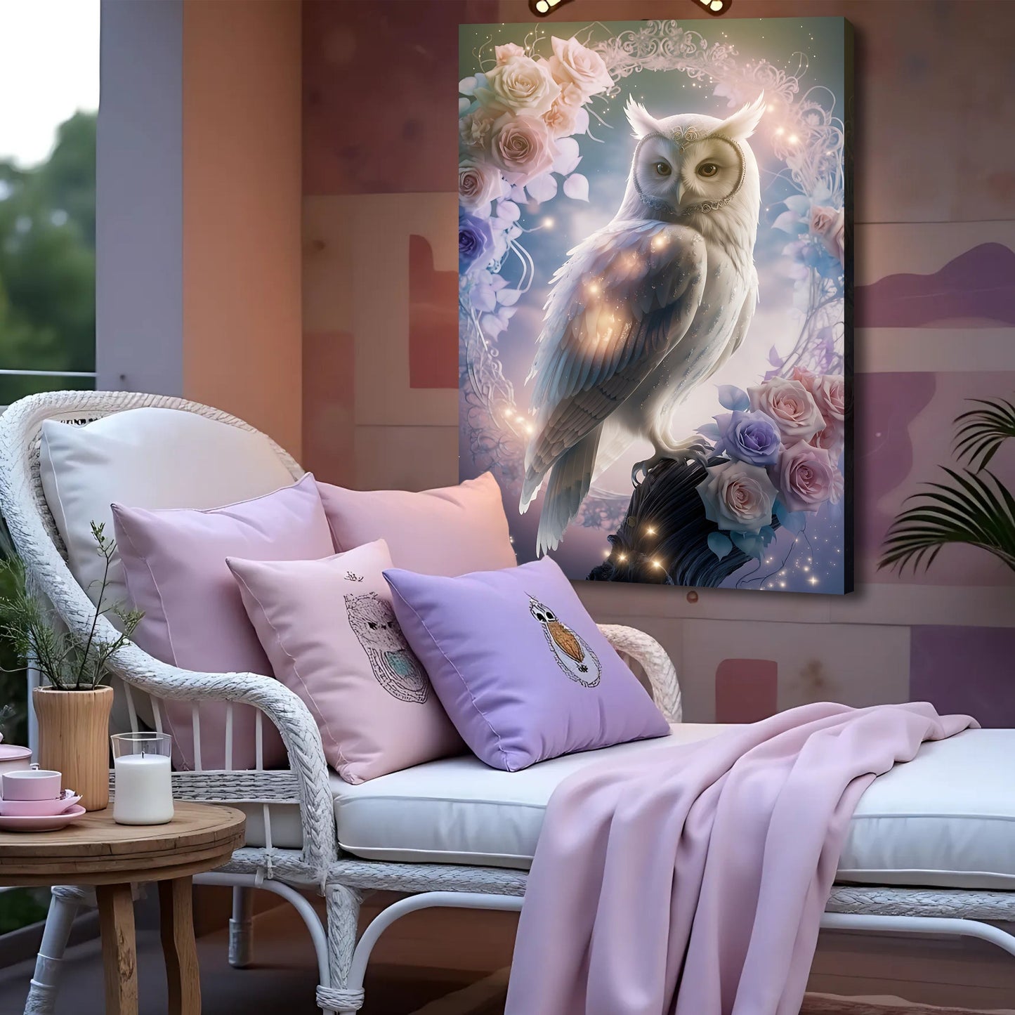 3D Owl Wall Art canvas by Tailored Canvases showing a white owl among pastel roses on Tampa Home & Garden Store