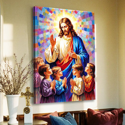 Jesus Praying With Kids Faith Wall Art canvas, Tailored Canvases, colorful halo scene on Tampa Home & Garden Store