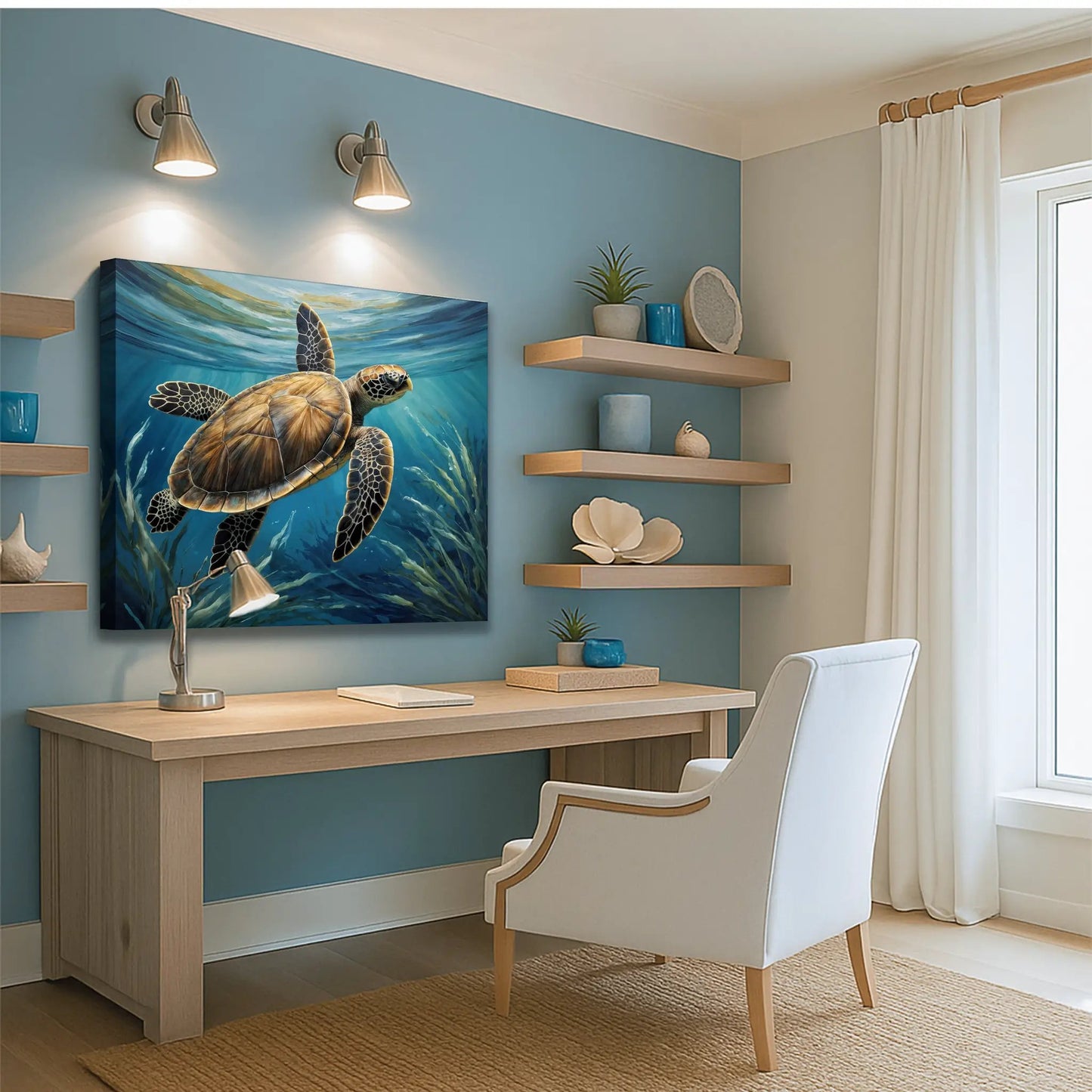 Turtle In Seagrass Wall Art canvas by Tailored Canvases, blue underwater sea turtle scene on Tampa Home & Garden Store