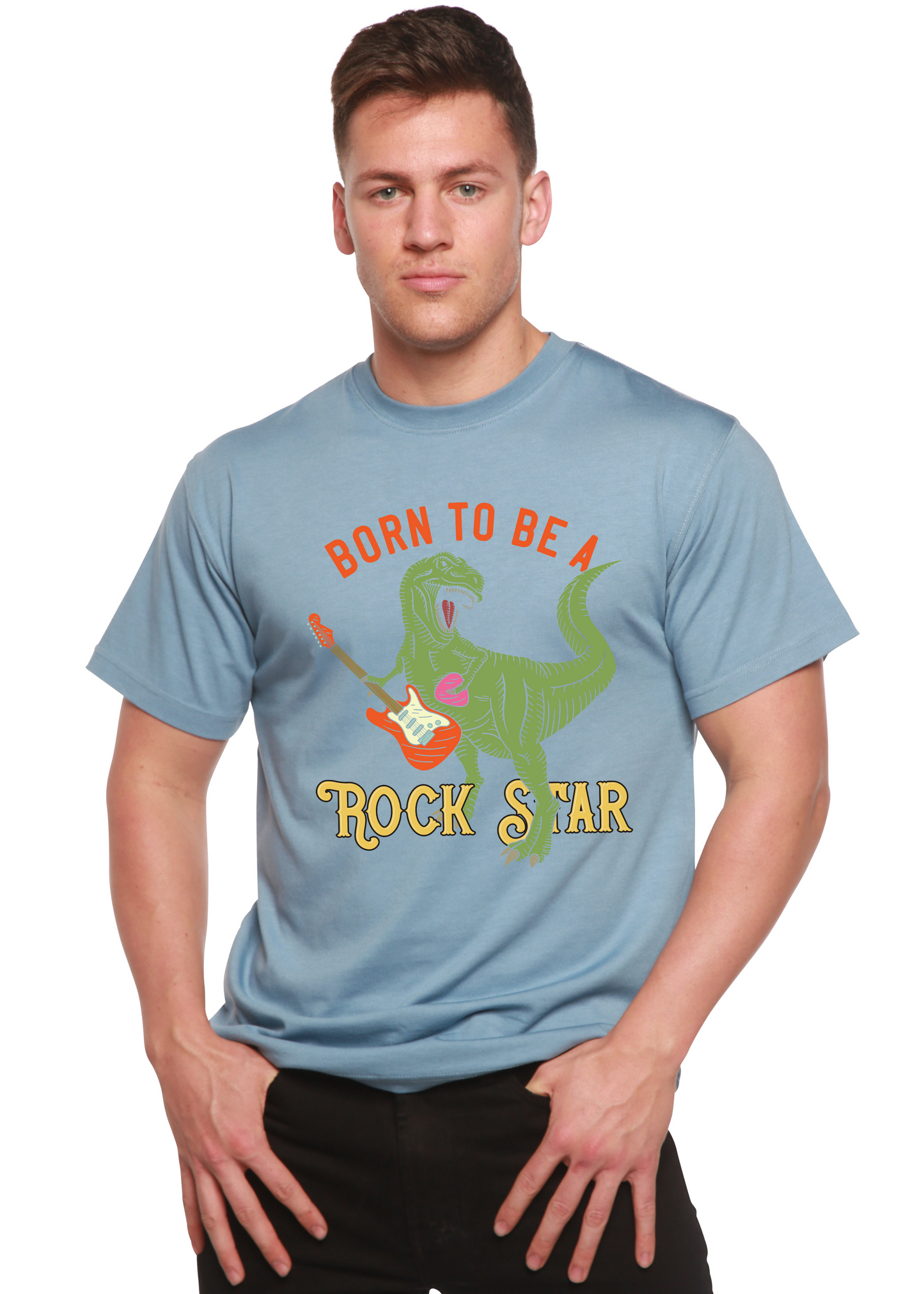 Born To Be A Rock Star men's bamboo tee with green dinosaur guitar graphic and ROCK STAR text on Tampa Home & Garden Store