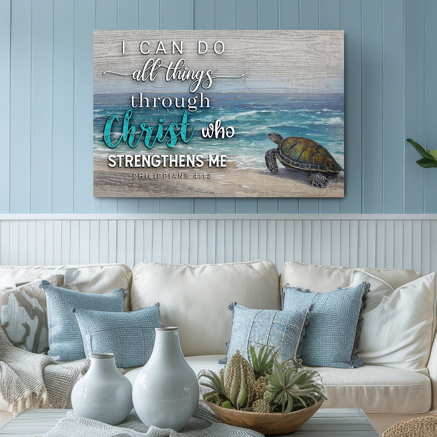 Canvas faith sign Tailored Canvases with teal Christ script and sea turtle on a beach on Tampa Home & Garden Store