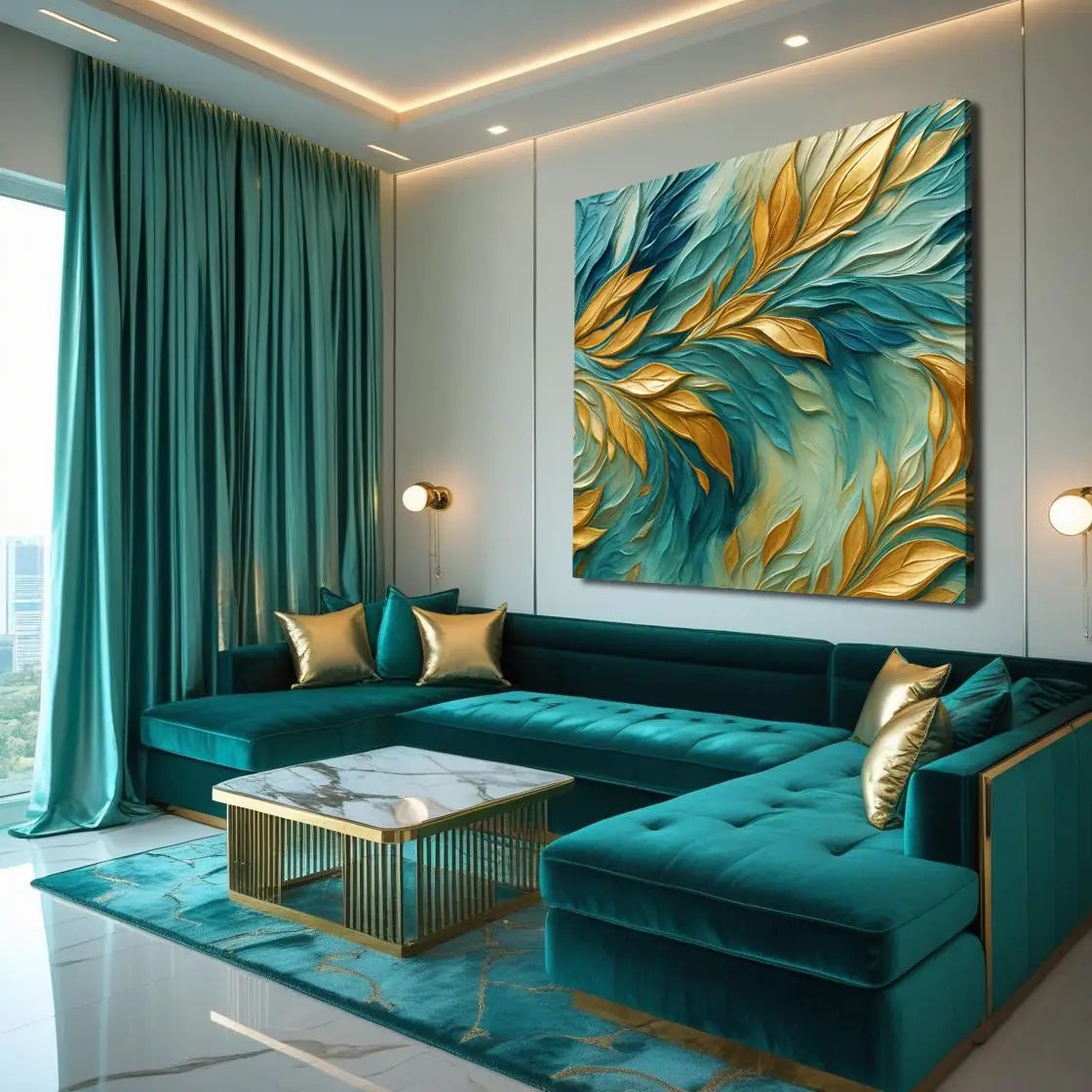 Abstract Gold And Blue Frosty Wall Art canvas by Tailored Canvases, teal and gold leaf on Tampa Home & Garden Store