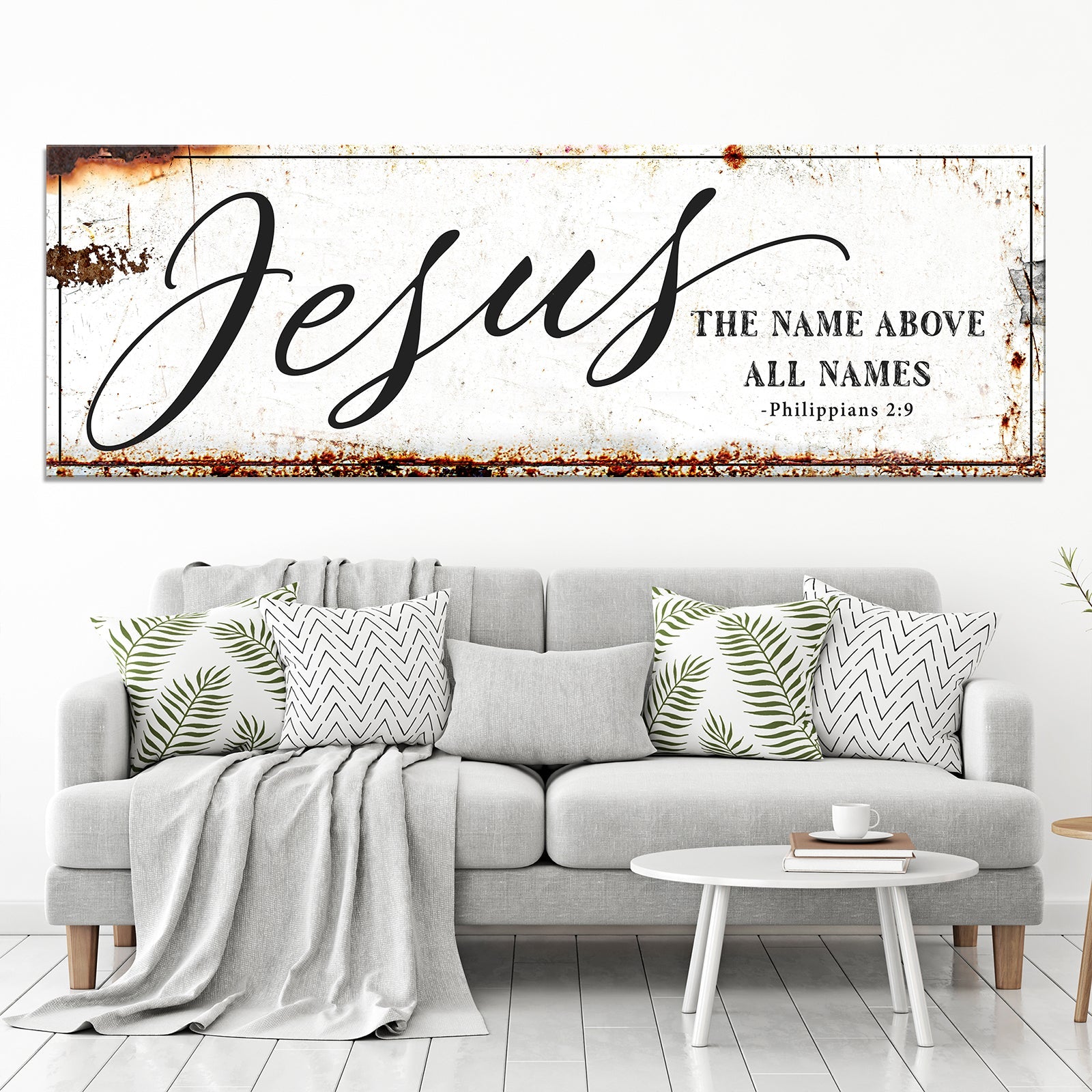 Canvas faith sign Jesus The Name Above All Names with Philippians 2:9 Tailored Canvases on Tampa Home & Garden Store